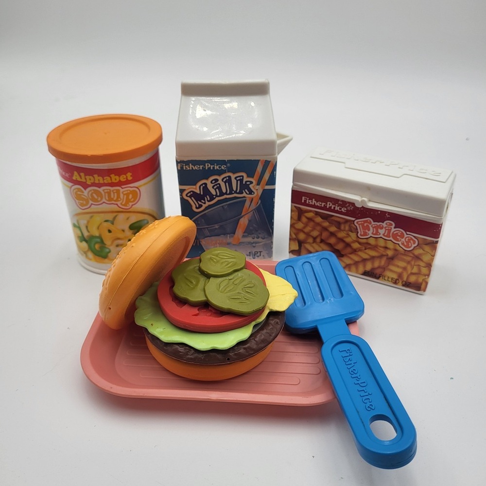 Vtg 1987-88 Fisher-Price Play Food Burger Tray Spatula Alphabet Soup Milk Fries